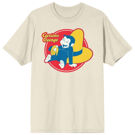 Curious George TV Monkey & Yellow Hat Adult Natural Crew Neck Short Sleeve T-shirt-Large