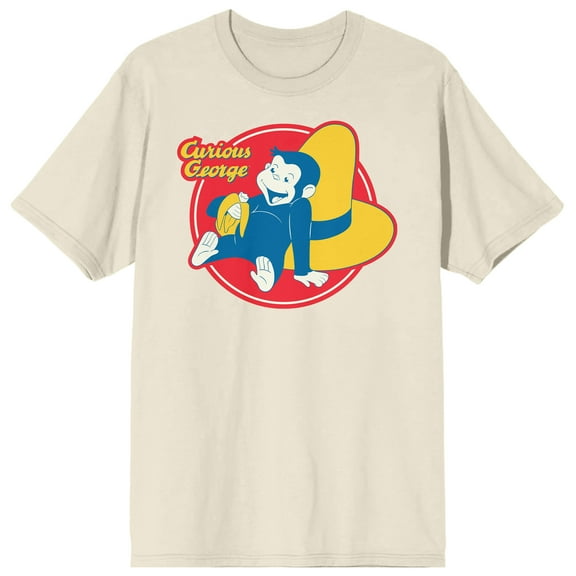 Curious George TV Monkey & Yellow Hat Adult Natural Crew Neck Short Sleeve T-shirt-Medium