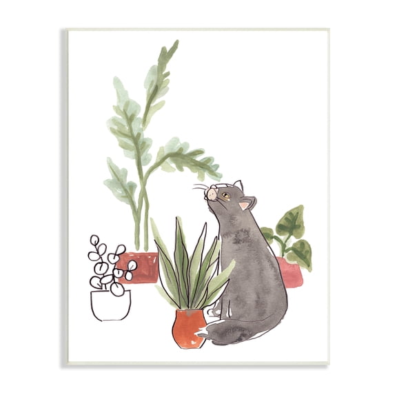 Curious Grey Cat Indoor Pet House Plant Scene 13 in x 19 in Framed Painting Art Print, by Stupell Home Décor