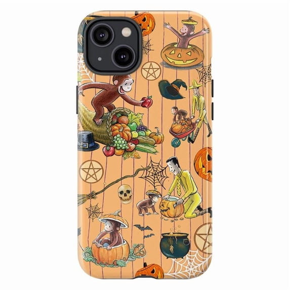 Curious Halloween Monkey Phone Case, Pumpkin & Fall Cartoon Design Cover for iPhone 17 16 15 14 13 12 11 Pro Max Plus Mini