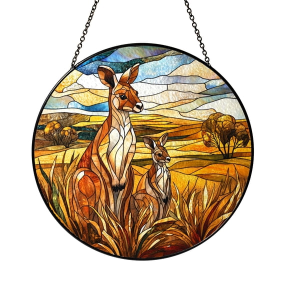 Curious Kangaroo Family Stained Glass Style Window Hanging, Natural Wildlife Home Decor