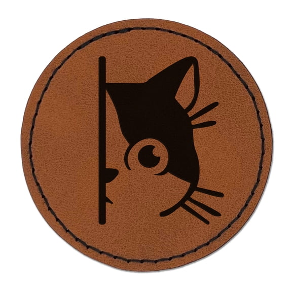 Curious Kitty Cat Hiding Peeking Around Corner 2.5" Faux Leather Round Engraved Iron-On Patch - Brown