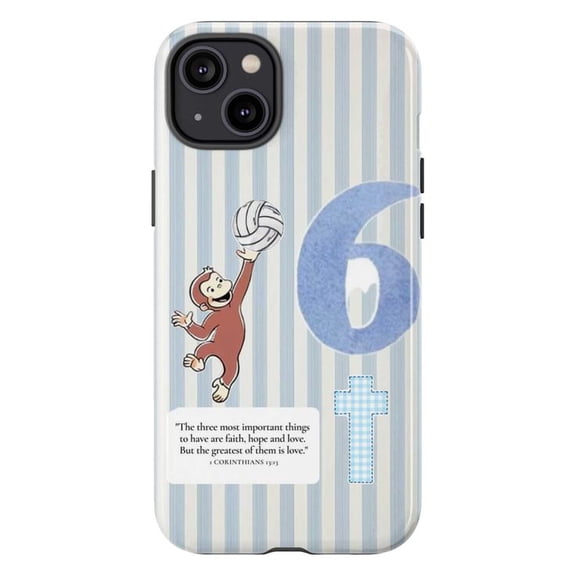 Curious Monkey 6 & Corinthians 13:13 Phone Case, Faith Hope Love Blue Striped iPhone Cover for 17 16 15 14 13 12 11
