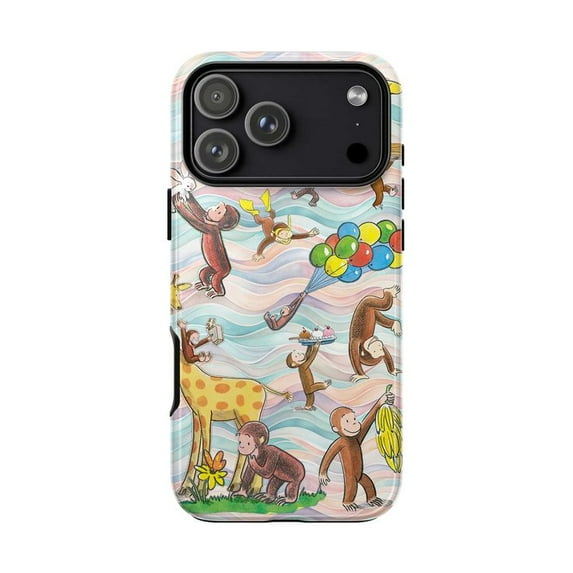 Curious Monkey Adventure Phone Case, Monkey Astronaut Giraffe Pastel Wave Cover for iPhone 17 16 15 14 13 12 11 Pro Plus Mini