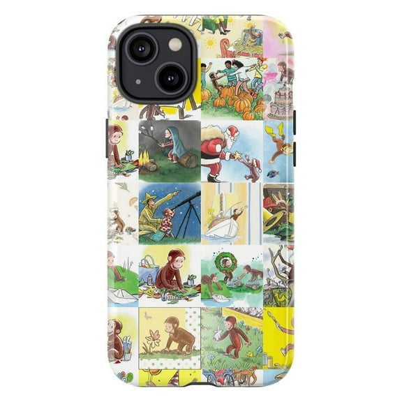 Curious Monkey Adventures Phone Case, Seasonal Storybook Collage iPhone Cover, Whimsical Cartoon Protective Case for iPhone 16 15 14 13 12 11 Pro Plus Mini