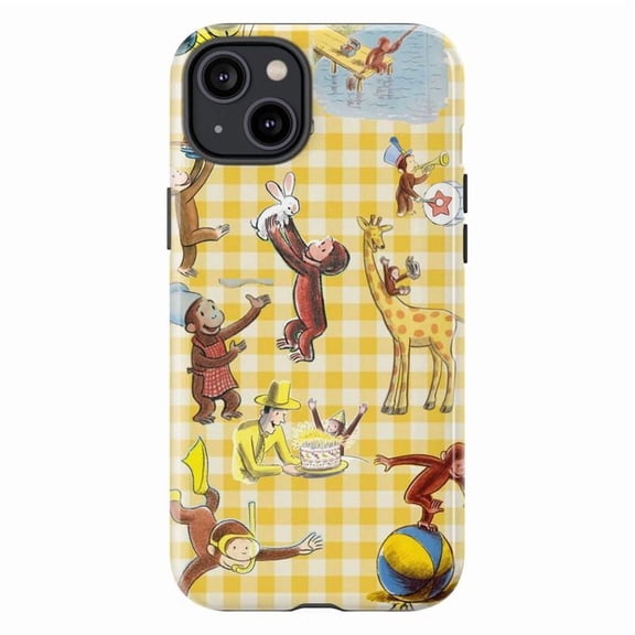 Curious Monkey Animal Friends Phone Case – Yellow Gingham Background with Party, Giraffe & Bunny, Cover for iPhone 11/12/13/14/15/16 Mini Pro Max Plus