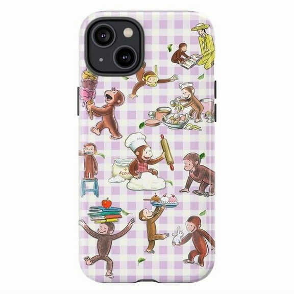 Curious Monkey Baking Phone Case, Cute Cartoon Kitchen Collage with Books & Chef Hat, Playful Gingham iPhone Cover for iPhone 16 15 14 13 12 11 Pro Plus Max Mini