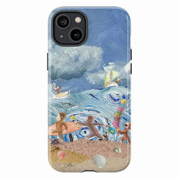 Curious Monkey Beach Adventure Phone Case – Ocean Waves, Surfing & Seashells Scene, Artistic Protective Cover for iPhone 11 12 13 14 15 16 Pro Max Mini Plus