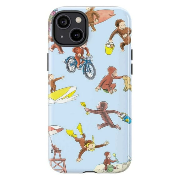 Curious Monkey Beach Day Phone Case for iPhone 16 15 14 13 12 11 Pro Max Plus – Cute Summer Cartoon Design, Shockproof Protective Cover