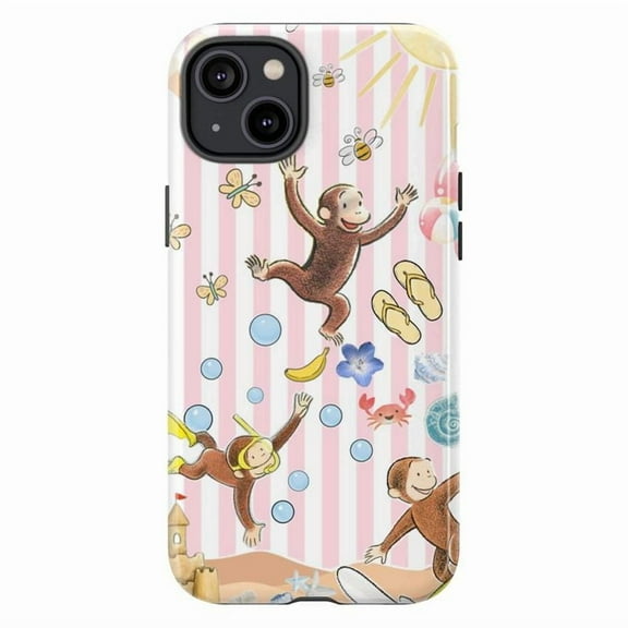Curious Monkey Beach Party Phone Case, Cute Pink Stripe Summer Vacation Cover for iPhone 17 16 15 14 13 12 11
