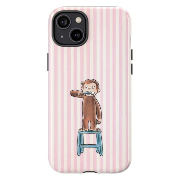 Curious Monkey Brushing Teeth Phone Case, Pink Striped Kids Cartoon Animal Cover for iPhone 17 16 15 14 13 12 11 Pro Max Plus Mini