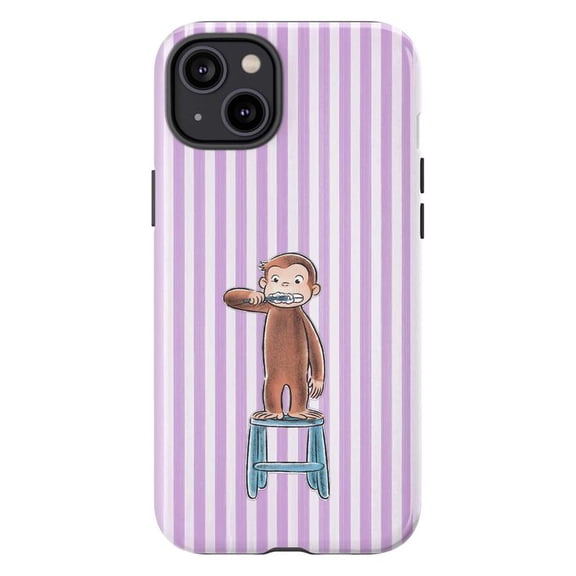 Curious Monkey Brushing Teeth Phone Case, Purple Striped iPhone Cover, Protective Case for iPhone 17 16 15 14 13 12 11 Pro Plus Mini