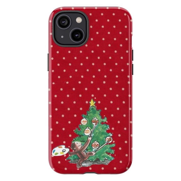Curious Monkey Christmas Tree Phone Case, Red Polka Dot Holiday Festive iPhone Cover for iPhone 17 16 15 14 13 12 11 Pro Max Plus Mini