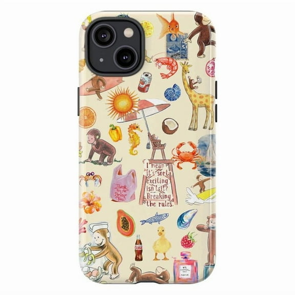 Curious Monkey Collage Phone Case – For iPhone 11 12 13 14 15 16 Pro Max Mini Plus, Dual Layer Protective Case, Fun Doodle Design