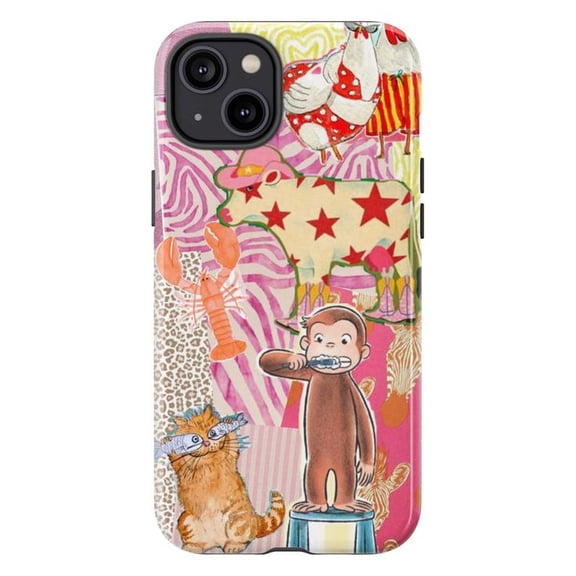 Curious Monkey Collage Phone Case, Star Cow Monkey Cartoon Pattern Cover for iPhone 17 16 15 14 13 12 11 Pro Plus Mini