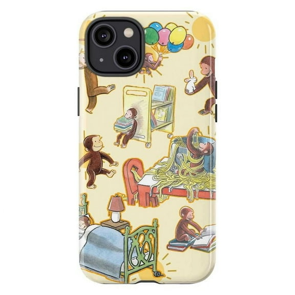 Curious Monkey Daily Adventure Phone Case for iPhone 11/12/13/14/15/16 Mini Pro Max Plus – Fun Cartoon Scenes with Books, Balloons & Noodles, Cover for iPhone
