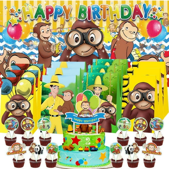 Curious Monkey Goodie Bags Treat Candy Decorations Party Favor Supplies Birthday Cake Topper Backdrop Banner