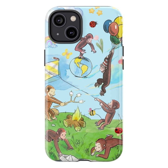 Curious Monkey Nature Adventure Phone Case, Playful Balloon Campfire Globe Jungle Aesthetic Protective Cover for iPhone 16 15 14 13 12 11 Pro Max Plus Mini