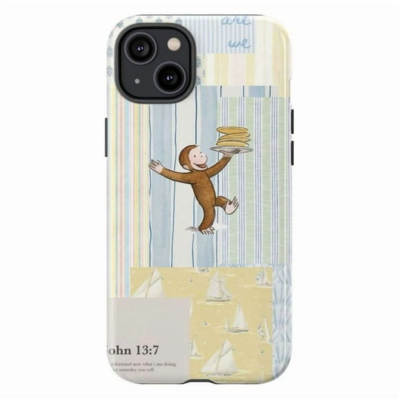 Curious Monkey Pancake Stack Phone Case – Blue & Yellow Stripes with Sailboats, John 13:7 Bible Verse – Fits iPhone 11 12 13 14 15 16 Pro Max Mini Plus