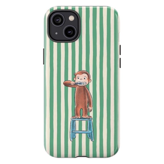 Curious Monkey Phone Case, Monkey Brushing Teeth Green Stripes Cover for iPhone 17 16 15 14 13 12 11 Pro Plus Mini