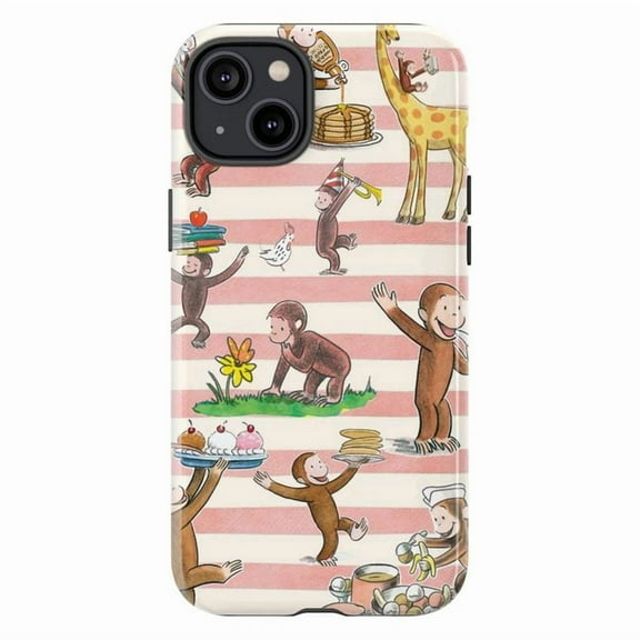 Curious Monkey Pink Stripe Animal Friends Phone Case for iPhone 11 12 13 14 15 16 Pro Max Plus Mini