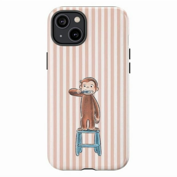 Curious Monkey Pink Striped Phone Case, Pink Stripe Cartoon Cover for iPhone 17 16 15 14 13 12 11 Pro Plus Mini