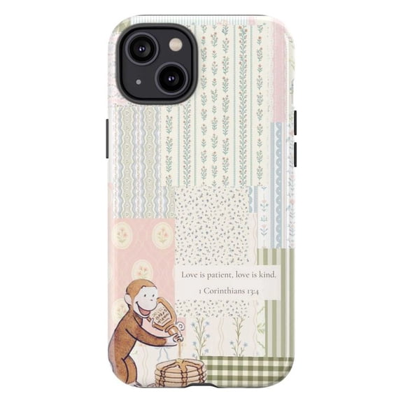 Curious Monkey Quilt Patchwork Phone Case, Bible Verse 1 Corinthians 13:4 Cover for iPhone 17 16 15 14 13 12 11 Pro Plus Mini