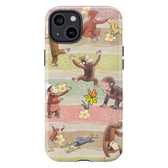 Curious Monkey Spring Play Phone Case, Cute Flower Collage with Pastel Stripes iPhone Cover, Whimsical Fun Design for iPhone 16 15 14 13 12 11 Pro Plus Max Mini
