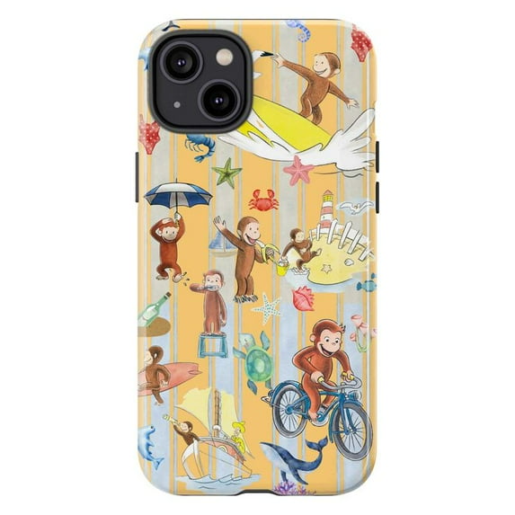 Curious Monkey Summer Adventure Phone Case, Orange Striped Beach iPhone Cover, Cute Fun Animal Protective Case for iPhone 16 15 14 13 12 11 Pro Max Plus Mini