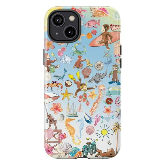 Curious Monkey Summer Beach Phone Case, Fun Tropical Surfing & Ocean Adventure Collage iPhone Cover, Colorful Seaside Design for iPhone 16 15 14 13 12 11 Pro Plus Max Mini