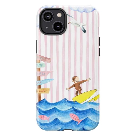 Curious Monkey Surfer Phone Case, Nautical Stripe Watercolor Cover for iPhone 17 16 15 14 13 12 11 Pro Max Mini