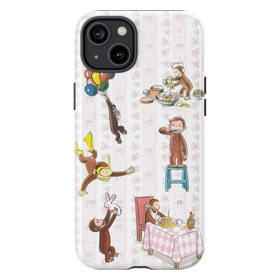 Curious Monkey Sweet Kitchen Play Phone Case for iPhone 16 15 14 13 12 11 Pro Max Plus – Pink Ribbon Cute Cartoon Design, Shockproof Protective Cover