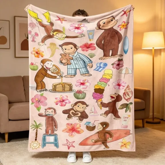 Curious Monkey Tropical Beach Surf Cartoon Print Fleece Throw, 50 x 60 in