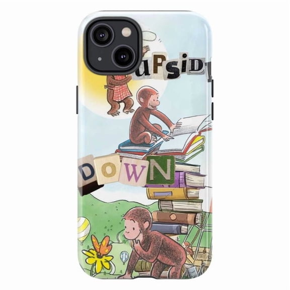 Curious Monkey “Upside Down” Book Stack Phone Case for iPhone 16 15 14 13 12 11 Pro Max Plus – Storybook Collage Design, Shockproof Cover