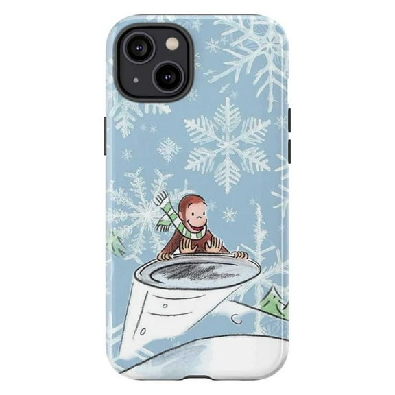Curious Monkey Winter Snow Day Phone Case, Monkey Snowflakes Cover for iPhone 17 16 15 14 13 12 11 Pro Max Mini