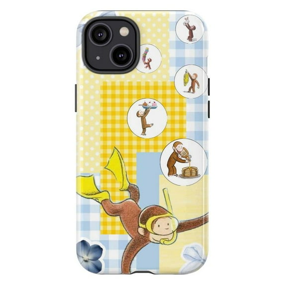Curious Monkey Yellow Blue Patchwork Phone Case for iPhone 11 12 13 14 15 16 Pro Max, Cute Cartoon Diving & Pancake Design, Colorful Protective Cover