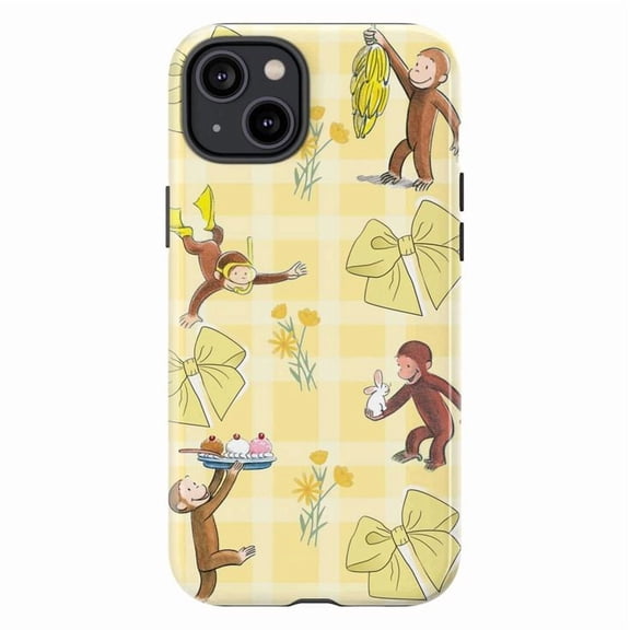 Curious Monkey Yellow Plaid Phone Case for iPhone 16 15 14 13 12 11 Pro Max Mini Plus – Cute Cartoon Design, Dual Layer Touch Case, Shockproof Cover
