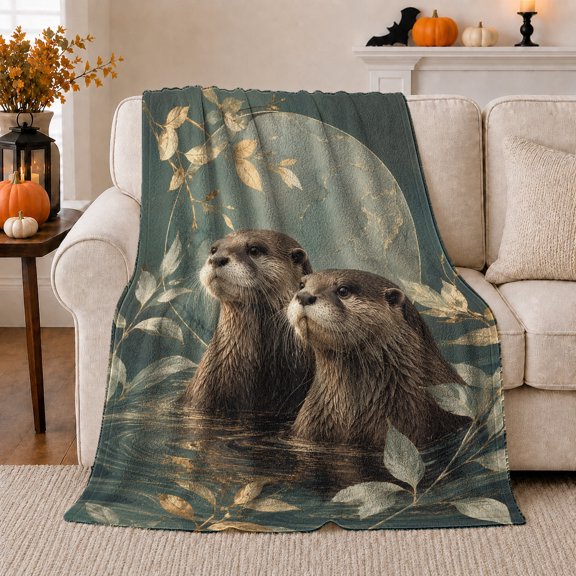 Curious Otters Beneath Moon Autumn Leaves Mystical, Cozy Friendship Quote Scene, Warm Flannel Blanket for Living Room and Reading Nook, Art Lovers Thanksgiving Gift, Artistic Home Decor