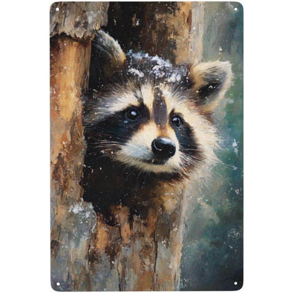 Curious Raccoon Metal Tin Sign Wall Art, Vintage Style Snowy Forest Design, Rustic Cabin and Man Cave Decor, 8 x 12 Inch