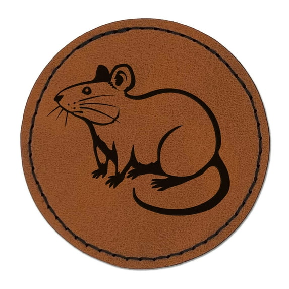 Curious Rat Rodent 2.5" Faux Leather Round Engraved Iron-On Patch - Brown