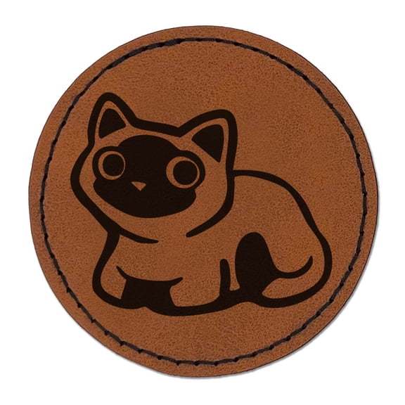 Curious Siamese Cat Side Eye Round Iron-On Engraved Faux Leather Patch Applique - 2.5 Inch - Brown