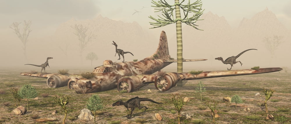 Curious velociraptors explore the wreckage of a B-17 bomber plane Canvas Art - Mark StevensonStocktrek Images (22 x 10)