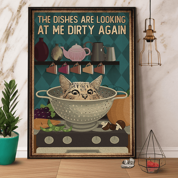 Curiouse Cat In Colander Cooking The Dishes Are Looking At Me Paper Poster No Frame Wrapped Canvas 16 x 24 Inch Poster