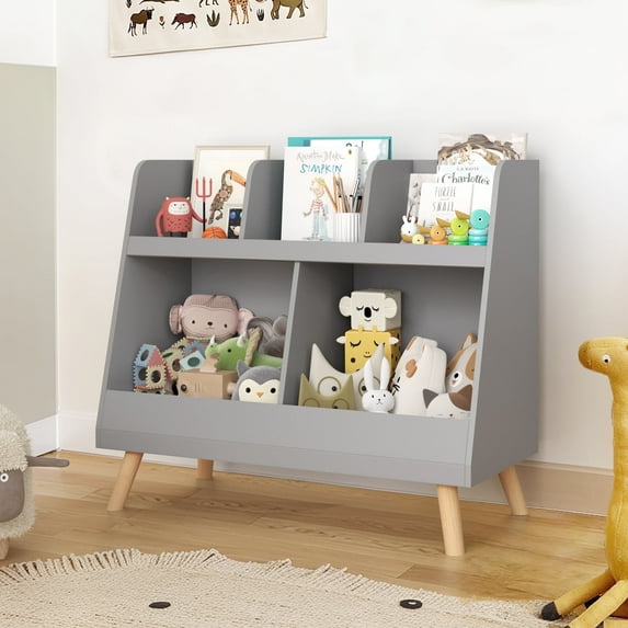 Curipeer 28''H Wooden Kids Cube Bookcase and Toy Storage Organizer - Gray