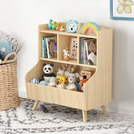 Curipeer 28'' Kids Toy Storage Organizer,Bookshelf for Kids Room - Natural Wood Color