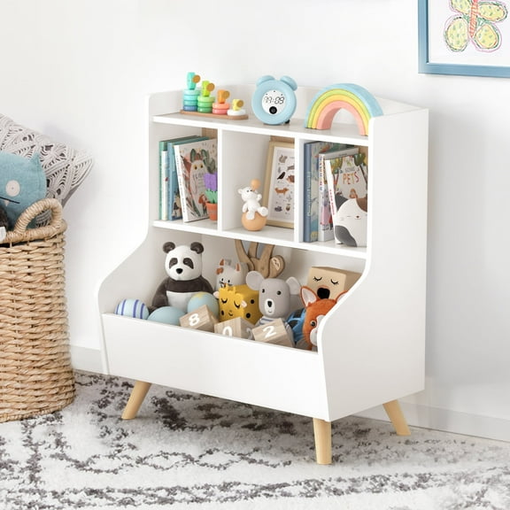 Curipeer 28'' Wooden Kids Toy Storage Organizer, Bookshelf for Kids Room - White