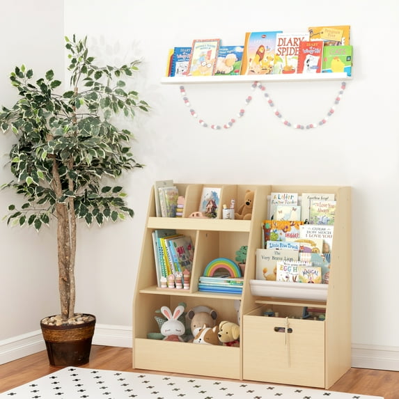 Curipeer 30'' Kids Bookshelf , 3-Tier Toy Storage Organizer with Removable Toy Bins, Natural Wood