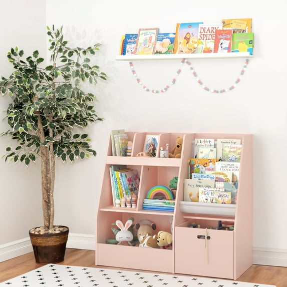 Curipeer 30'' Kids Bookshelf , 3-Tier Toy Storage Organizer with Removable Toy Bins, Pink