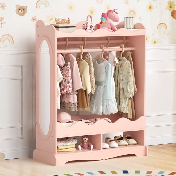 Curipeer Kids Dress Up Storage with Mirror, Wood Armoire Wardrobe Closet for Bedroom,Pink