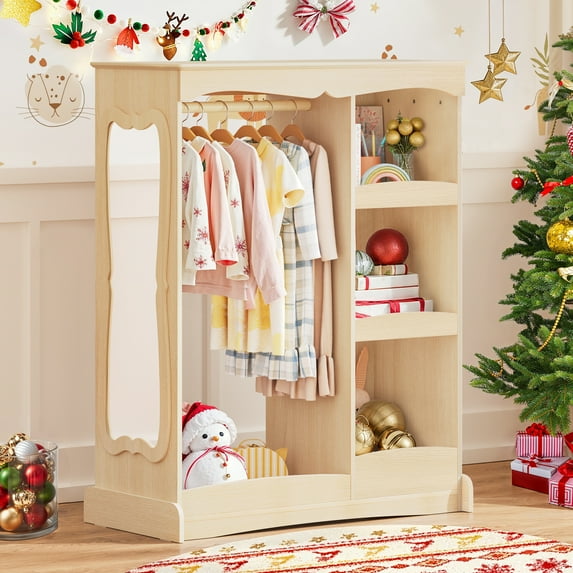 Curipeer Kids Dress up Storage with Flower Mirror, Kids Wardrobe Armoire for Bedroom,Natural Wood Without feet
